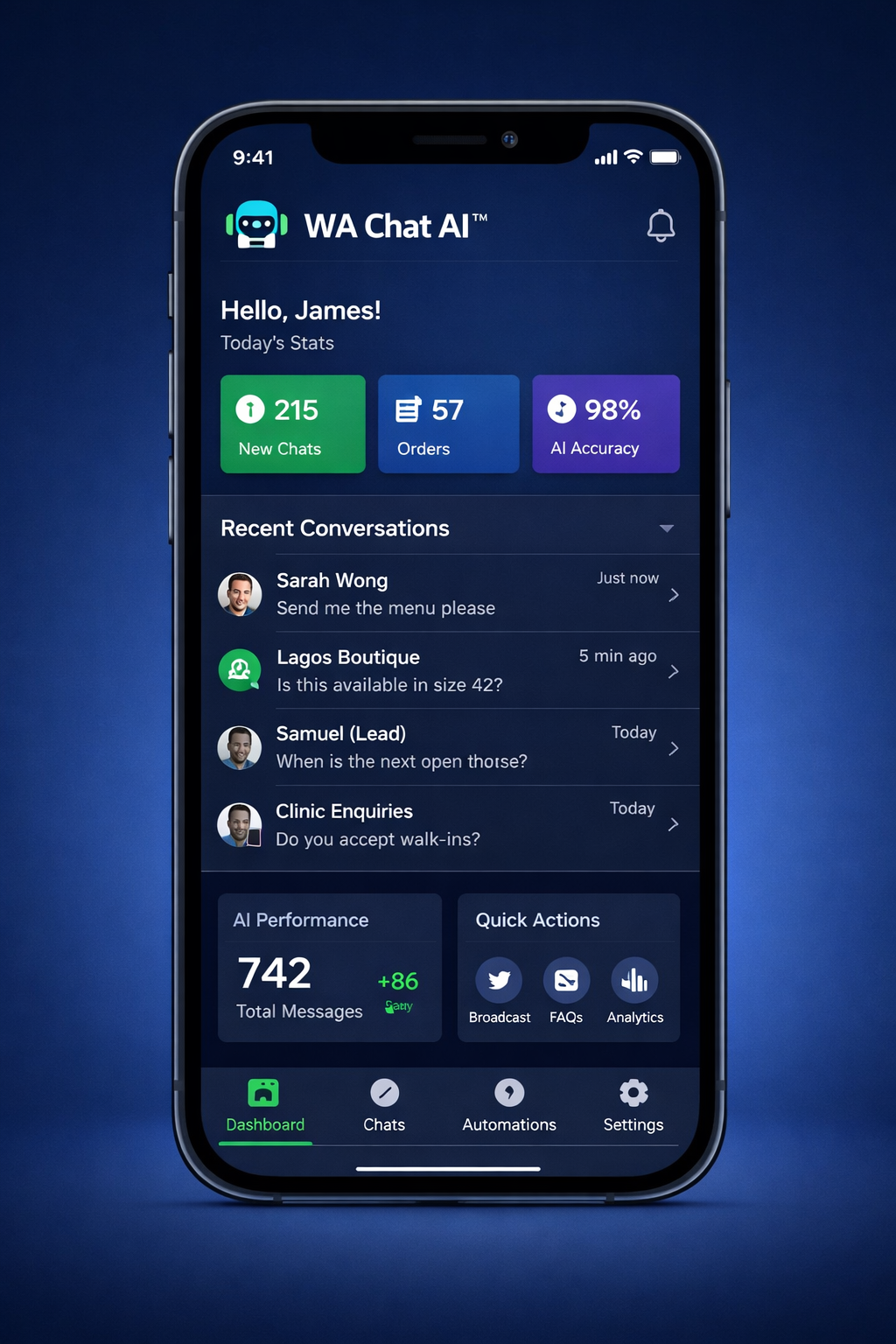 WA Chat AI App Dashboard Preview
